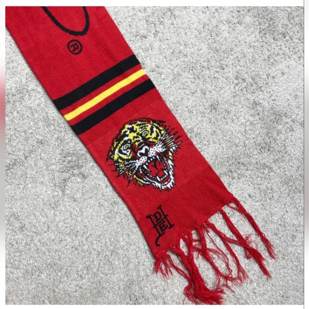 Ed Hardy Christian Audigier Red Scarf Gold Blk Tiger Tattoo Knit Acrylic 10Wx43L